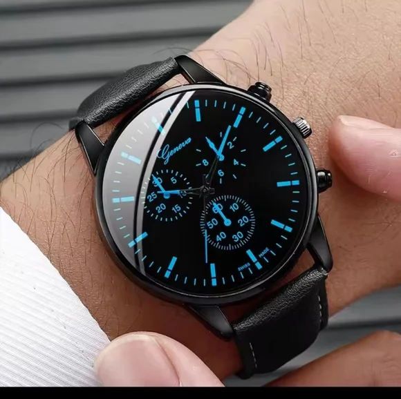 Men's Watch Bracelet Set Leather Necklace Braided Black New f76 - Picture 4 of 4